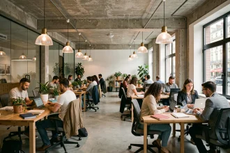Vue panoramique d'un espace de coworking moderne dans les Pays de la Loire avec des professionnels au travail