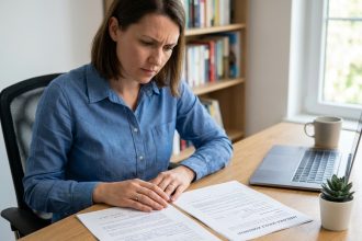 Femme en télétravail comparant un contrat de travail et une mission freelance à son bureau à domicile