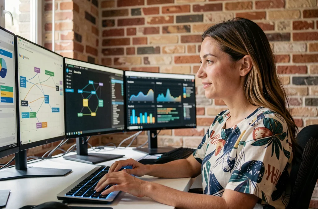 Data scientist analysant des pipelines de données et des campagnes Google Ads sur plusieurs écrans dans une agence data en région PACA