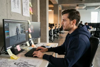 Développeur de jeux vidéo devant un poste de travail dans un studio de développement moderne, analysant un modèle 3D sur écran