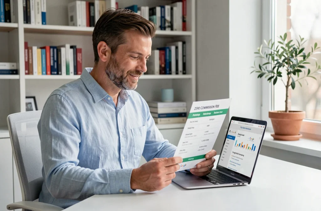 Consultant Google Ads présentant un modèle tarifaire sans commission devant un ordinateur portable dans un bureau épuré