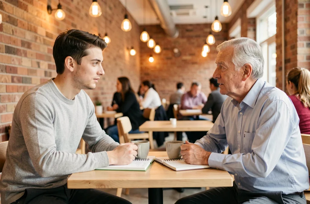 Jeune diplômé en discussion avec un manager senior dans un café, symbolisant le dialogue intergénérationnel en entreprise