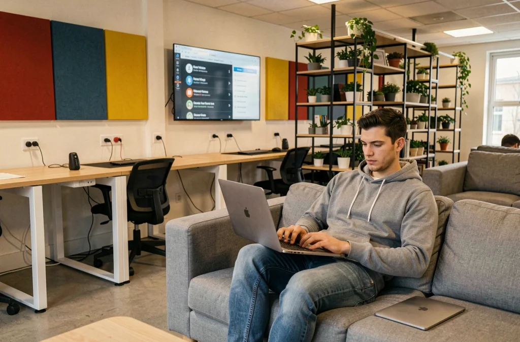 Espace Digital Village Angers avec un travailleur nomade installé confortablement dans un cadre flexible et moderne