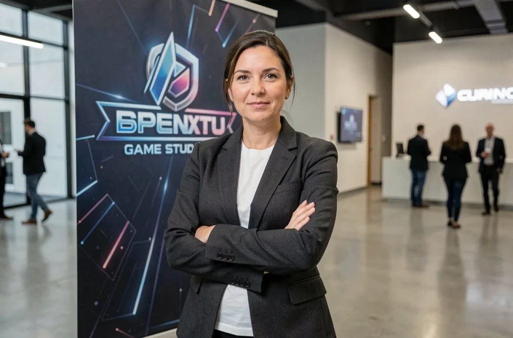 Directrice créative d'un studio de jeux vidéo devant un logo de studio dans un hall d'entrée moderne, symbolisant une transition de marque