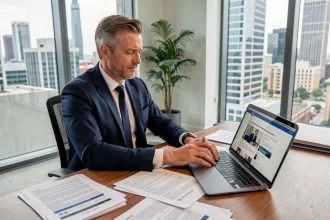 Dirigeant d'entreprise consultant un blog de communication stratégique sur son ordinateur portable dans un bureau moderne