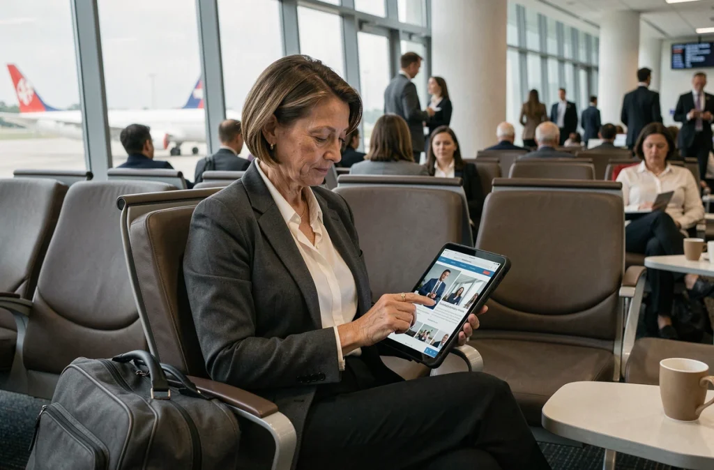 Femme dirigeante lisant un blog de communication sur sa tablette dans un salon d'aéroport entre deux déplacements professionnels