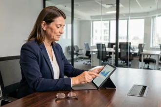 Dirigeante de PME consultant l'actualité économique sur une tablette en salle de réunion