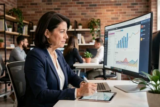 Dirigeante de PME analysant des tableaux de bord IA sur ordinateur dans un bureau moderne