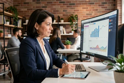 Dirigeante de PME analysant des tableaux de bord IA sur ordinateur dans un bureau moderne