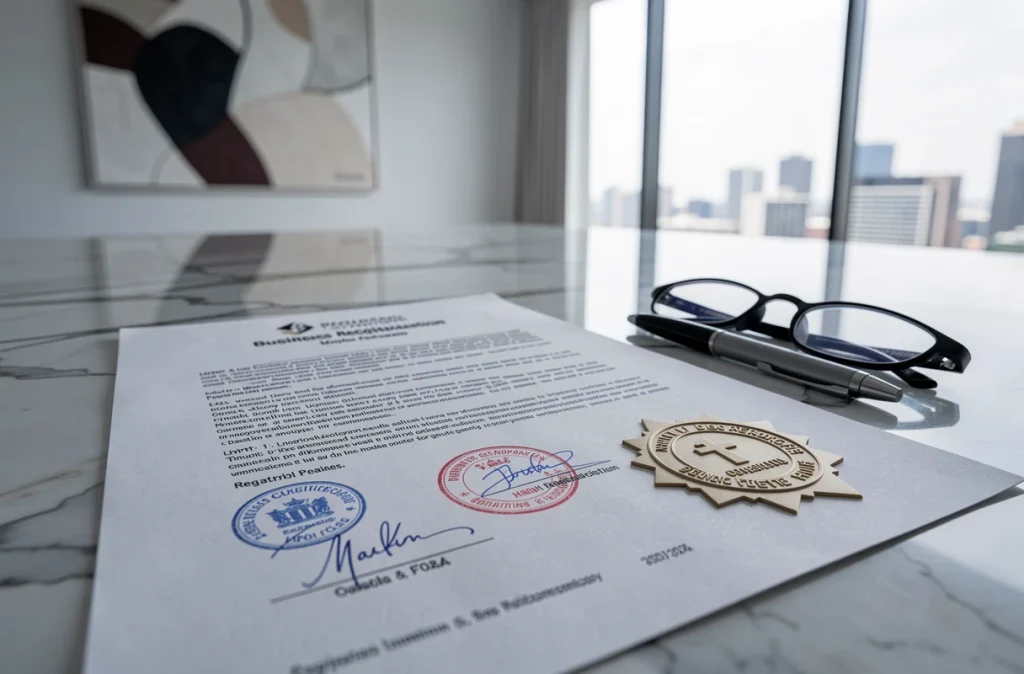 Gros plan d'un document officiel d'enregistrement d'entreprise avec sceau notarial et signatures sur une table de conférence