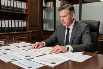 Homme d'affaires examinant des documents officiels d'entreprise sur un bureau en chêne dans un bureau formel