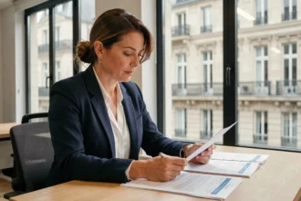 Femme d'affaires consultant des documents de domiciliation d'entreprise dans un bureau moderne à Bordeaux
