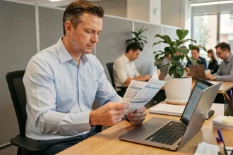 Employé de bureau analysant sa fiche de paie suite au passage aux 39 heures hebdomadaires