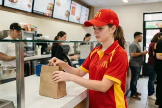 Jeune employée en uniforme McDonald's derrière le comptoir tenant un sac de commande