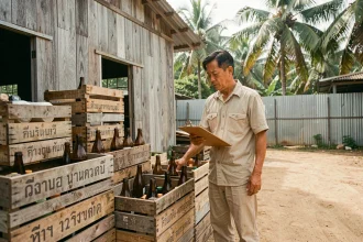 Entrepôt traditionnel en Thaïlande avec caisses de bouteilles énergisantes des années 1980, évoquant les origines asiatiques de Red Bull