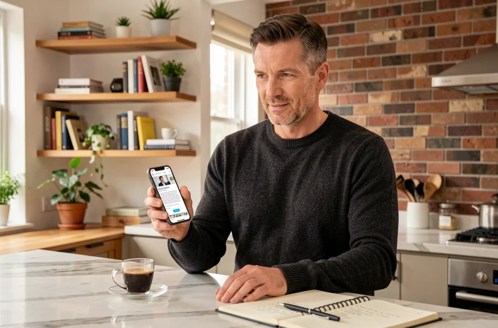 Entrepreneur consultant un blog de communication stratégique sur smartphone depuis son espace de travail à domicile