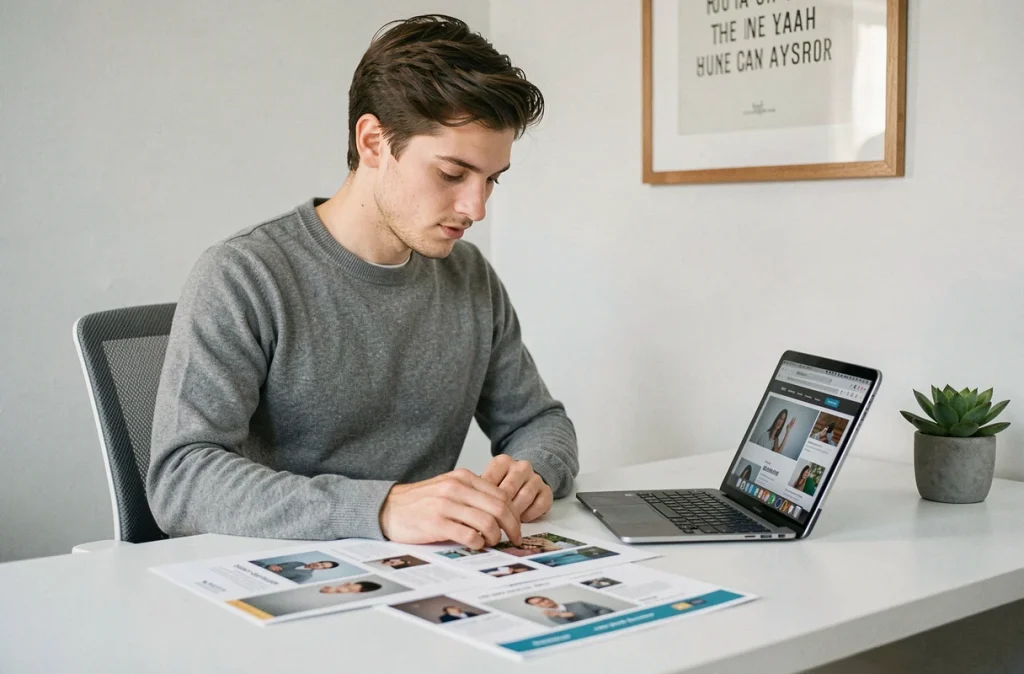 Jeune entrepreneur en télétravail comparant des maquettes de site web sur son bureau à domicile