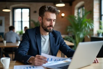 Jeune entrepreneur français analysant des documents financiers dans un espace de coworking moderne pour sa première année d'activité