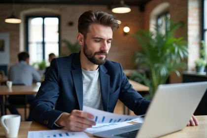 Jeune entrepreneur français analysant des documents financiers dans un espace de coworking moderne pour sa première année d'activité