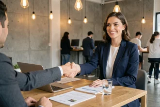 Femme professionnelle en entretien d'embauche dans un bureau de start-up moderne, poignée de main avec un recruteur