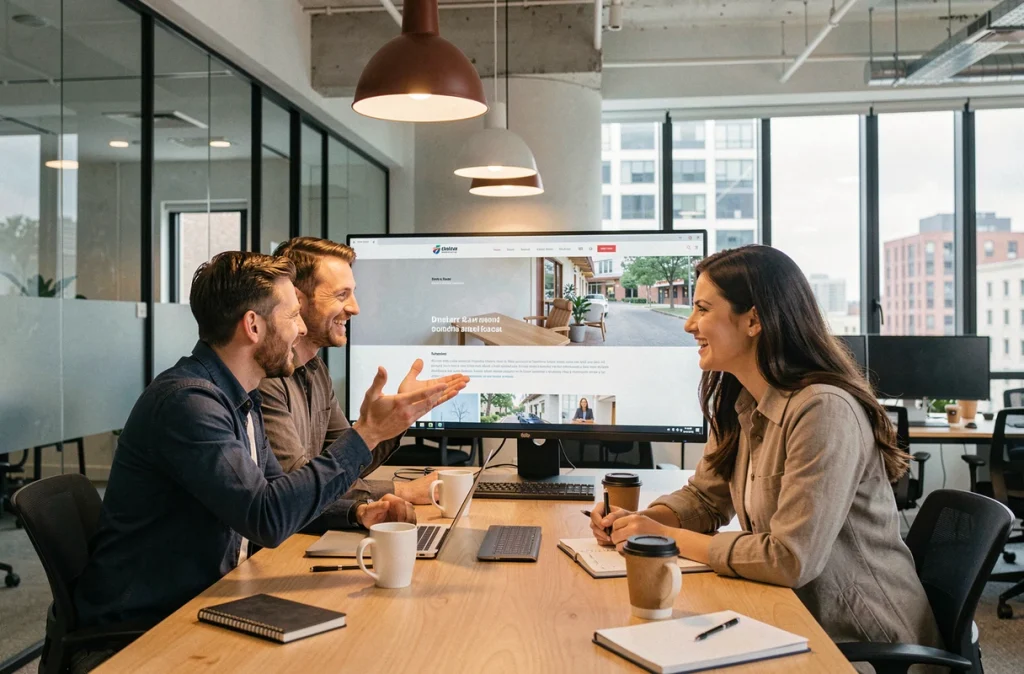 Équipe de petits entrepreneurs collaborant autour d'un écran affichant la conception d'un site web professionnel