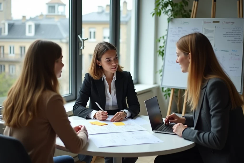Groupe de jeunes entrepreneurs français collaborant sur un plan de financement pour leur première année d'entreprise dans un incubateur de startups