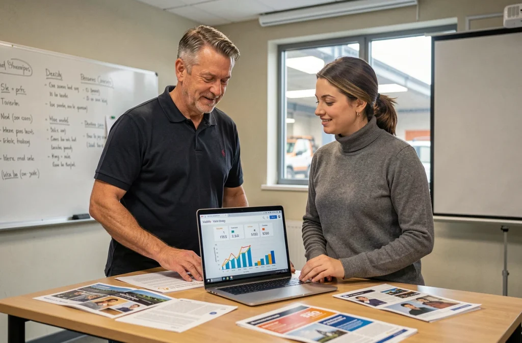 Deux collaborateurs d'une PME industrielle analysant une stratégie de visibilité B2B à faible coût en réunion