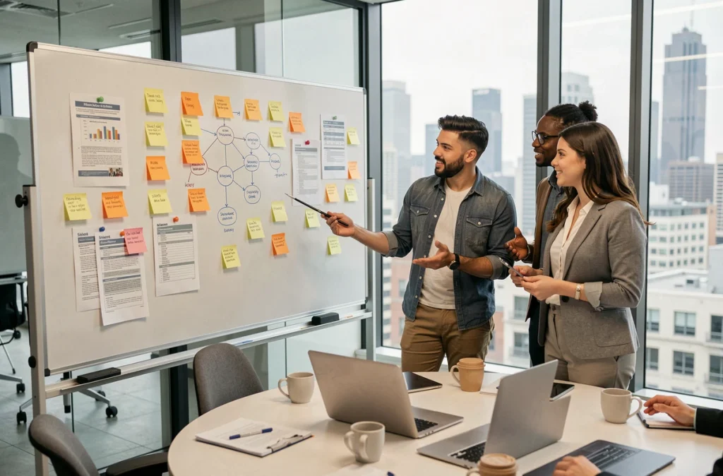 Équipe de recrutement en réunion dans une start-up, planification des embauches autour d'un tableau blanc