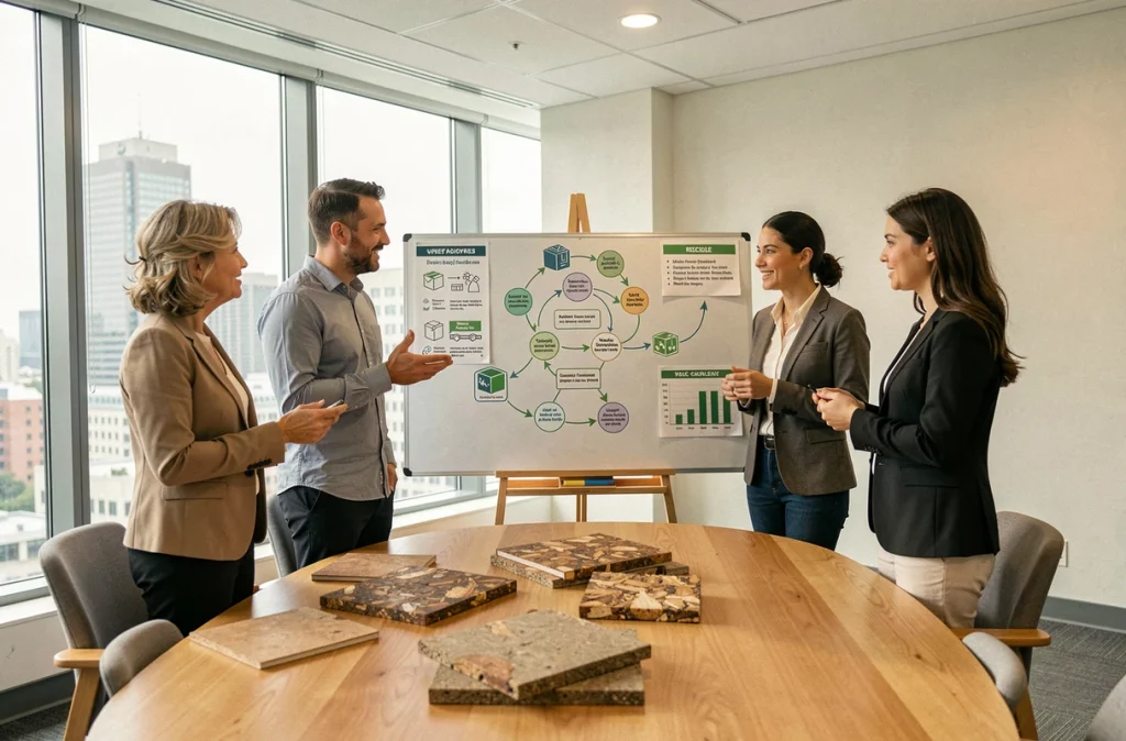 Équipe de professionnels de l'agroalimentaire discutant d'une stratégie d'économie circulaire autour d'un tableau de bord en salle de réunion