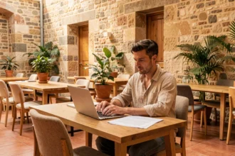 Homme travaillant dans un espace de coworking moderne à Aix-en-Provence avec des murs en pierre apparente et des bureaux en bois