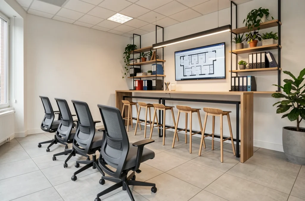 Espace de coworking vide et moderne à Valenciennes avec mobilier ergonomique et aménagement professionnel