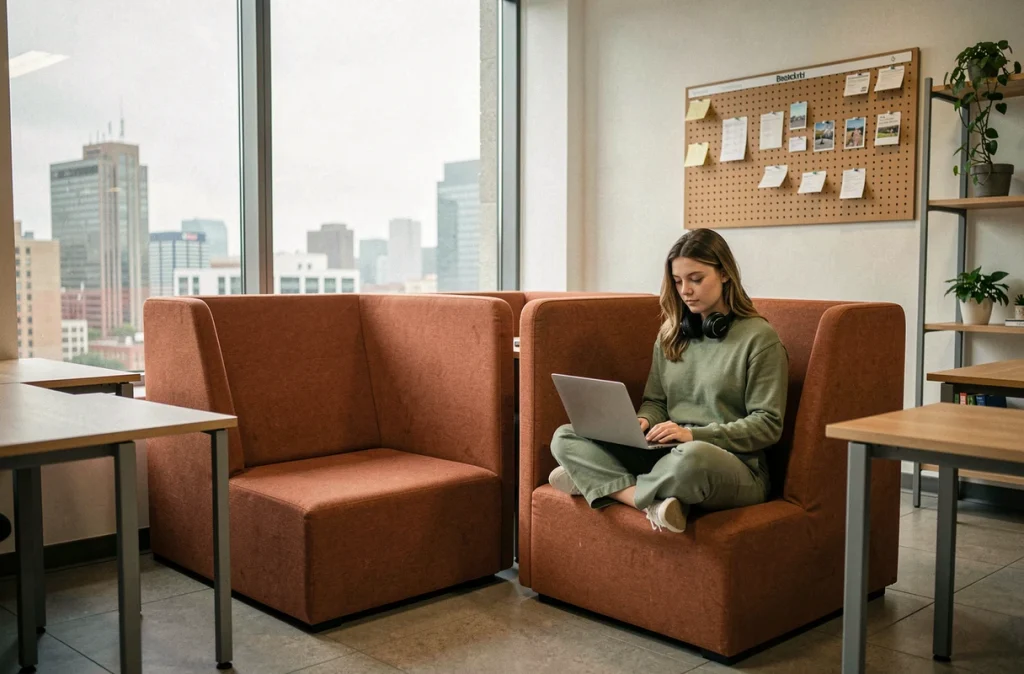 Une employée en télétravail partiel utilise seule un espace lounge modulable dans un bureau d'entreprise redessiné pour l'occupation flexible