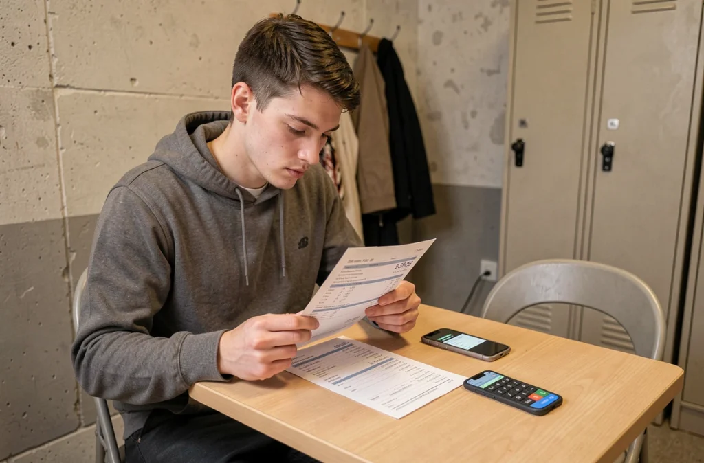 Étudiant consultant sa fiche de paie dans la salle de pause d'un fast-food