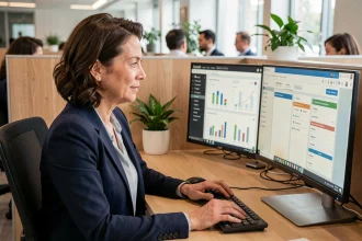 Femme cadre utilisant une plateforme numérique professionnelle GPNet AF sur écran en open space moderne