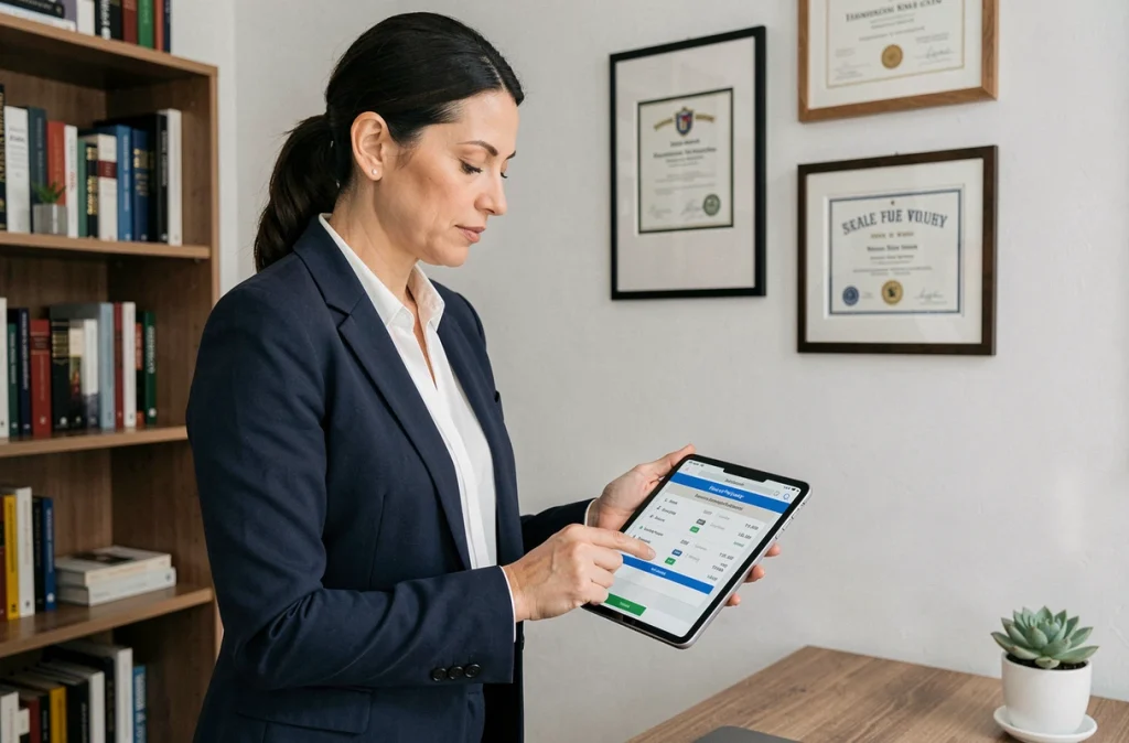 Femme cadre consultant une simulation de salaire sur tablette après augmentation du temps de travail à 39 heures