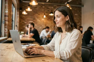 Femme indépendante travaillant sur son ordinateur portable dans un espace de coworking à Valenciennes avec des murs en briques apparentes