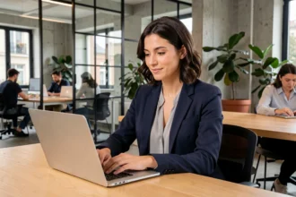 Femme professionnelle travaillant dans un espace de coworking moderne à Palaiseau, assise à un bureau en bois avec son ordinateur portable