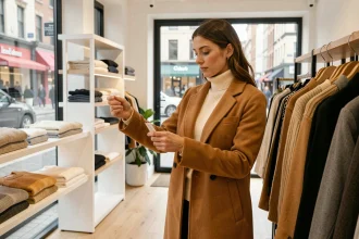Femme en manteau camel qui fait du shopping dans une boutique de mode moderne en utilisant un Shopping Pass