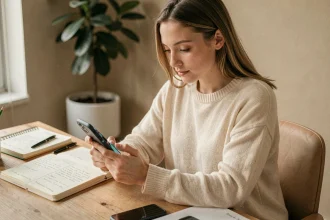 Jeune femme analysant les statistiques Instagram sur son smartphone depuis son bureau à domicile