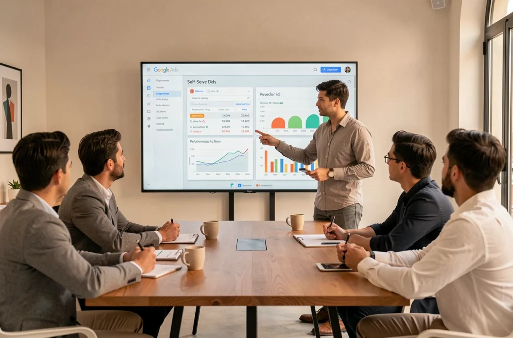 Spécialiste Google Ads présentant une plateforme de gestion de campagnes à des clients dans une agence moderne à Marseille