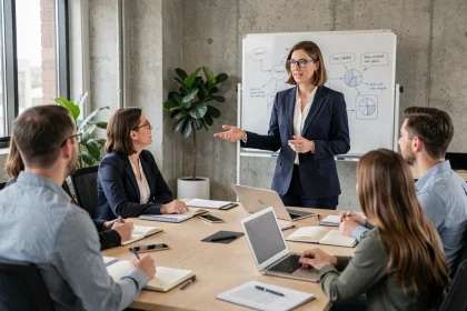 Formatrice présentant une session de formation continue à des salariés dans une salle de réunion moderne