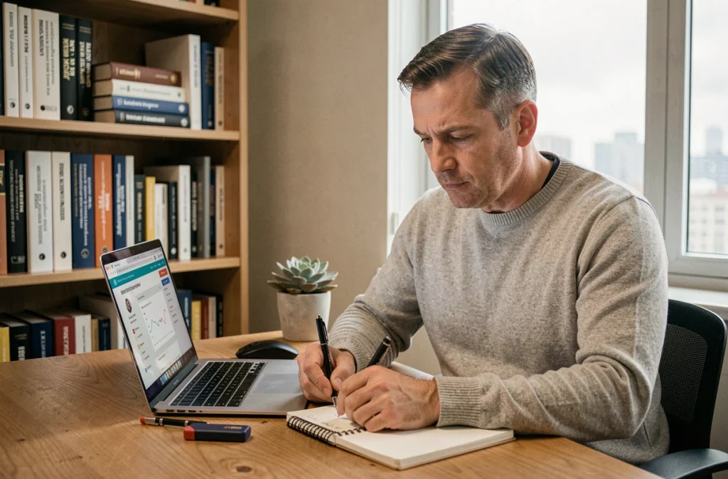 Salarié en formation en ligne depuis son bureau à domicile, prenant des notes sur son ordinateur portable