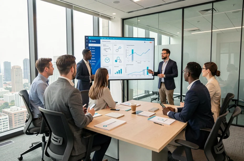 Groupe de salariés en session de formation professionnelle collective autour d'un écran interactif en entreprise