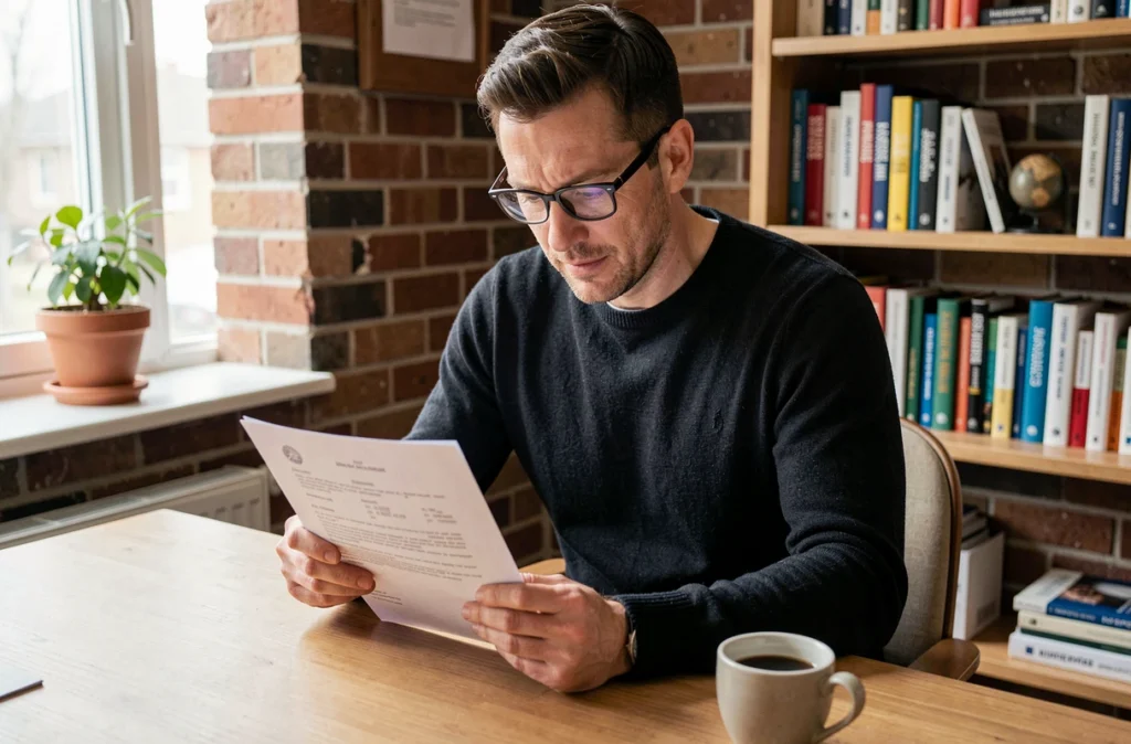 Freelance consultant étudiant son contrat de portage salarial dans son bureau à domicile