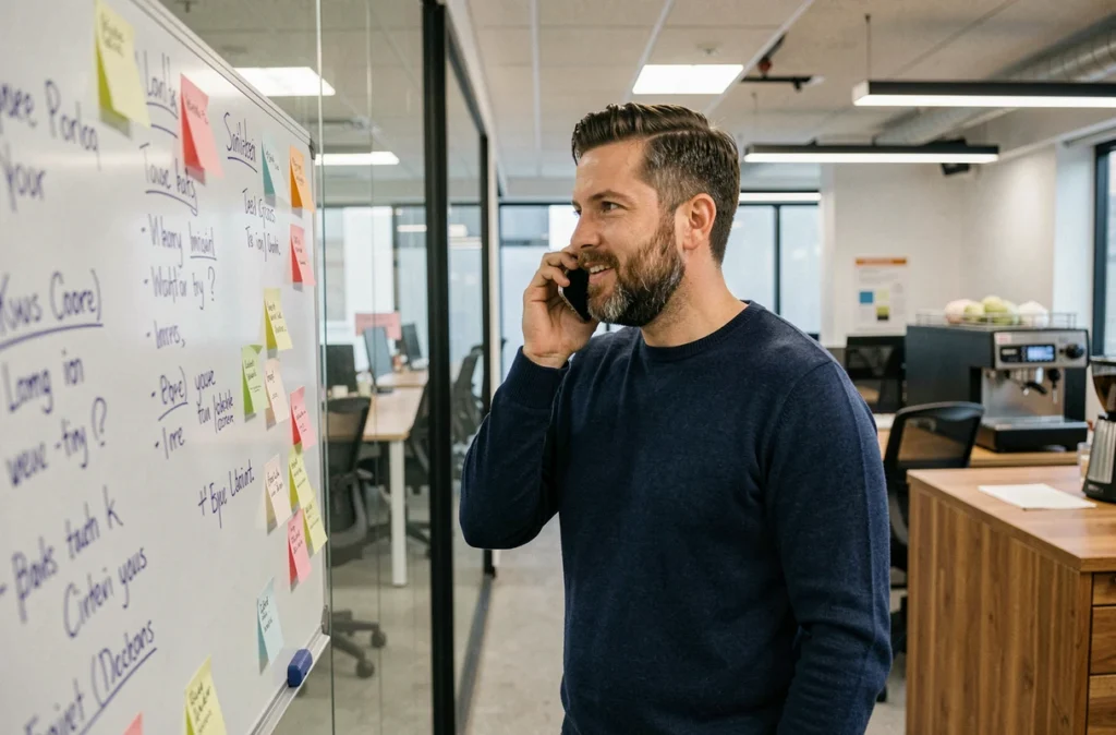 Freelance masculin téléphonant devant un tableau blanc dans un espace de coworking moderne à Valenciennes