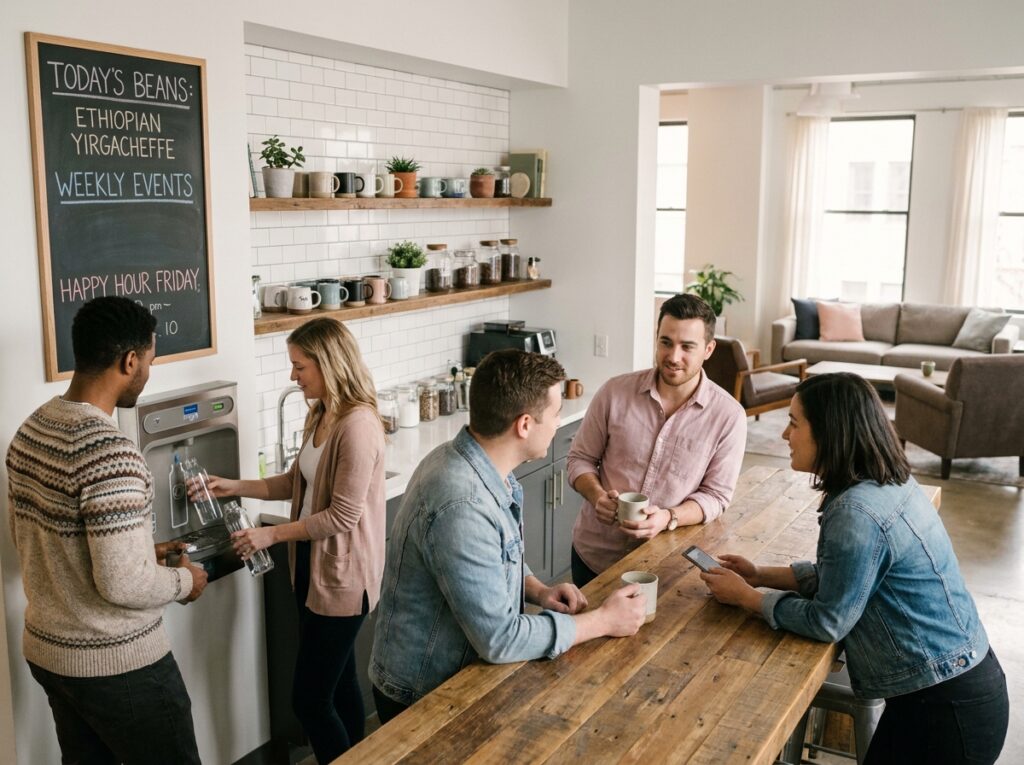 Groupe de collègues se retrouvant spontanément autour d'une borne de remplissage d'eau dans la cuisine d'un espace de coworking