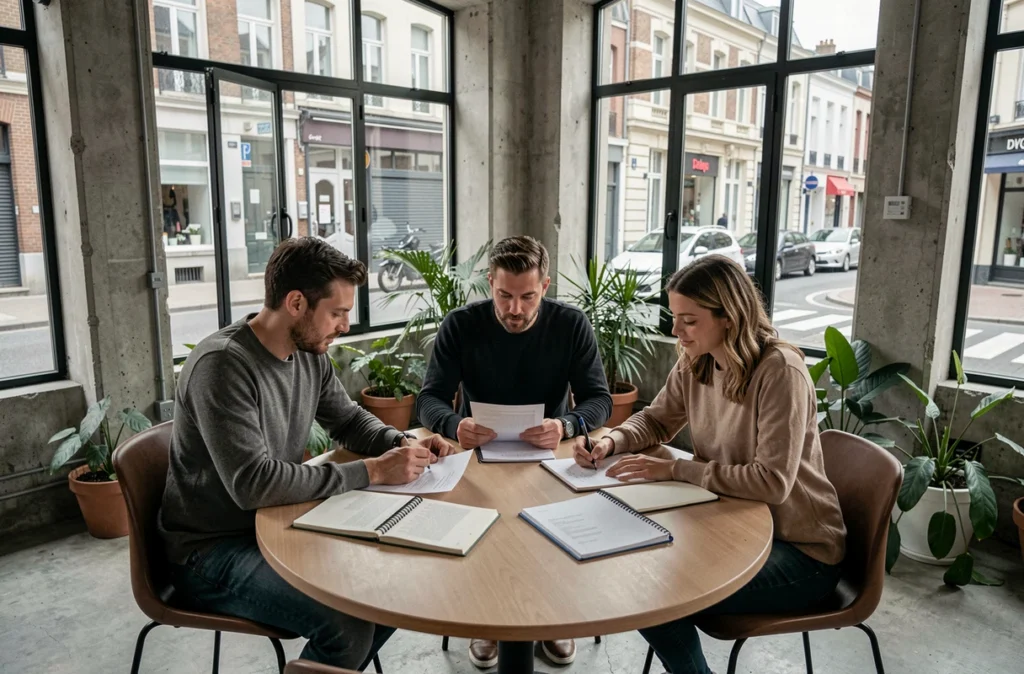 Groupe de travailleurs indépendants en réunion collaborative autour d'une table dans un espace de coworking à Valenciennes