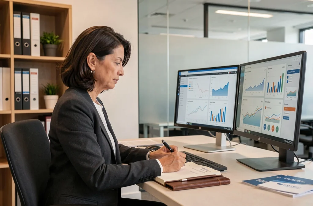 Directrice experte du groupe SYD analysant des tableaux de bord stratégiques sur double écran dans un bureau contemporain