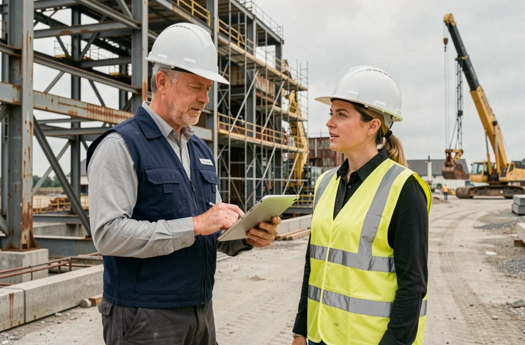 Ingénieur et chef de projet SYD en inspection sur un chantier industriel avec tablette numérique et équipements de sécurité