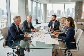Équipe de professionnels du groupe SYD en réunion stratégique autour d'une table de conférence en verre dans un bureau moderne